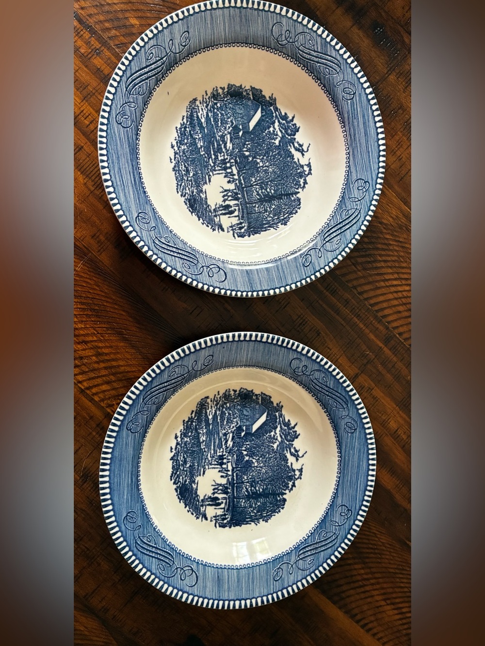Vintage Currier & Ives "Early Winter" blue transferware bowl. Set of 2 bowls.